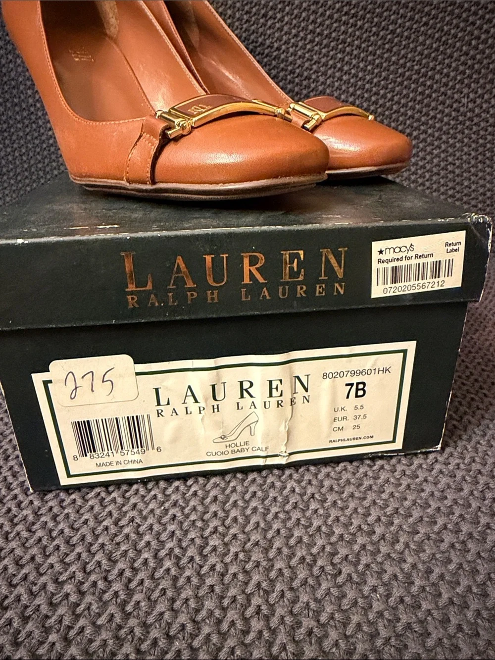 Polo by Ralph Lauren Cognac Leather Heeled Pumps with Gold Buckle